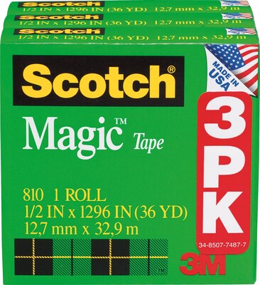 Scotch® Magic Tape, Invisible, Write On, Matte Finish, 1/2 " x 36 yds., 1" Core, 36 Rolls (810H3-Case)
