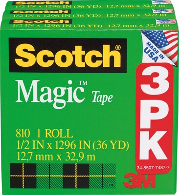 Scotch® Magic Tape, Invisible, Write On, Matte Finish, 1/2 " x 36 yds., 1" Core, 108 Rolls, 36 Rolls/case (810H3-Case)