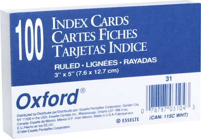 Oxford 3 x 5 Index Cards, Lined, White, 100/Pack (31EE)