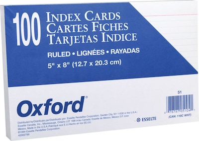 Oxford Lined Index Cards, 5" x 8", White, 100 Cards/Pack (OXF51)