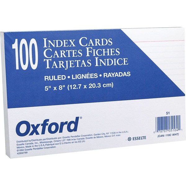 Oxford OXF 50EE 5 x 8 White Unruled Index Card - 100/Pack