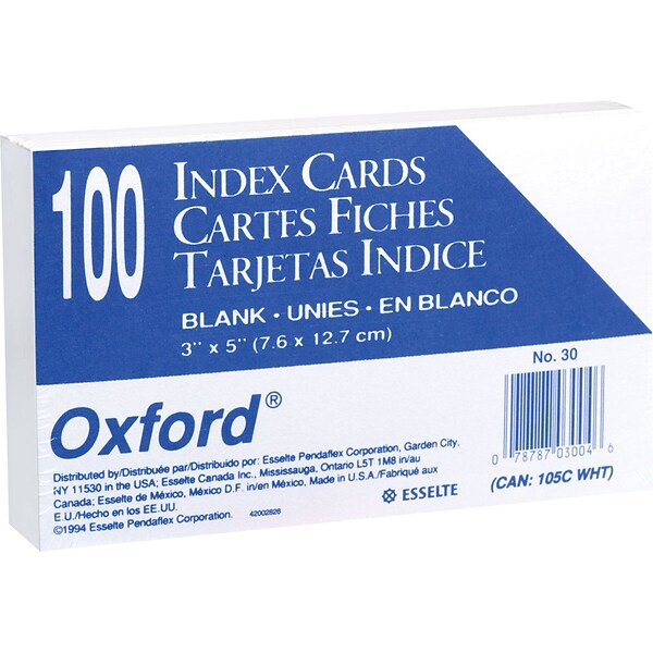 Oxford Index Cards, 3 x 5, White, 100 Cards/Pack (30EE)