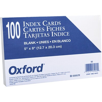 Oxford® Index Cards; 5 x 8, Blank, White, 100/Pack