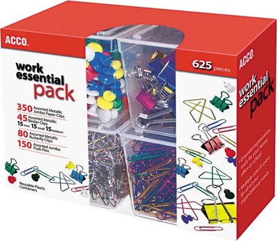 ACCO® Clip Pack, Paper Clips, Binder Clips, Butterfly Clips, Push Pins, 625 Item Total