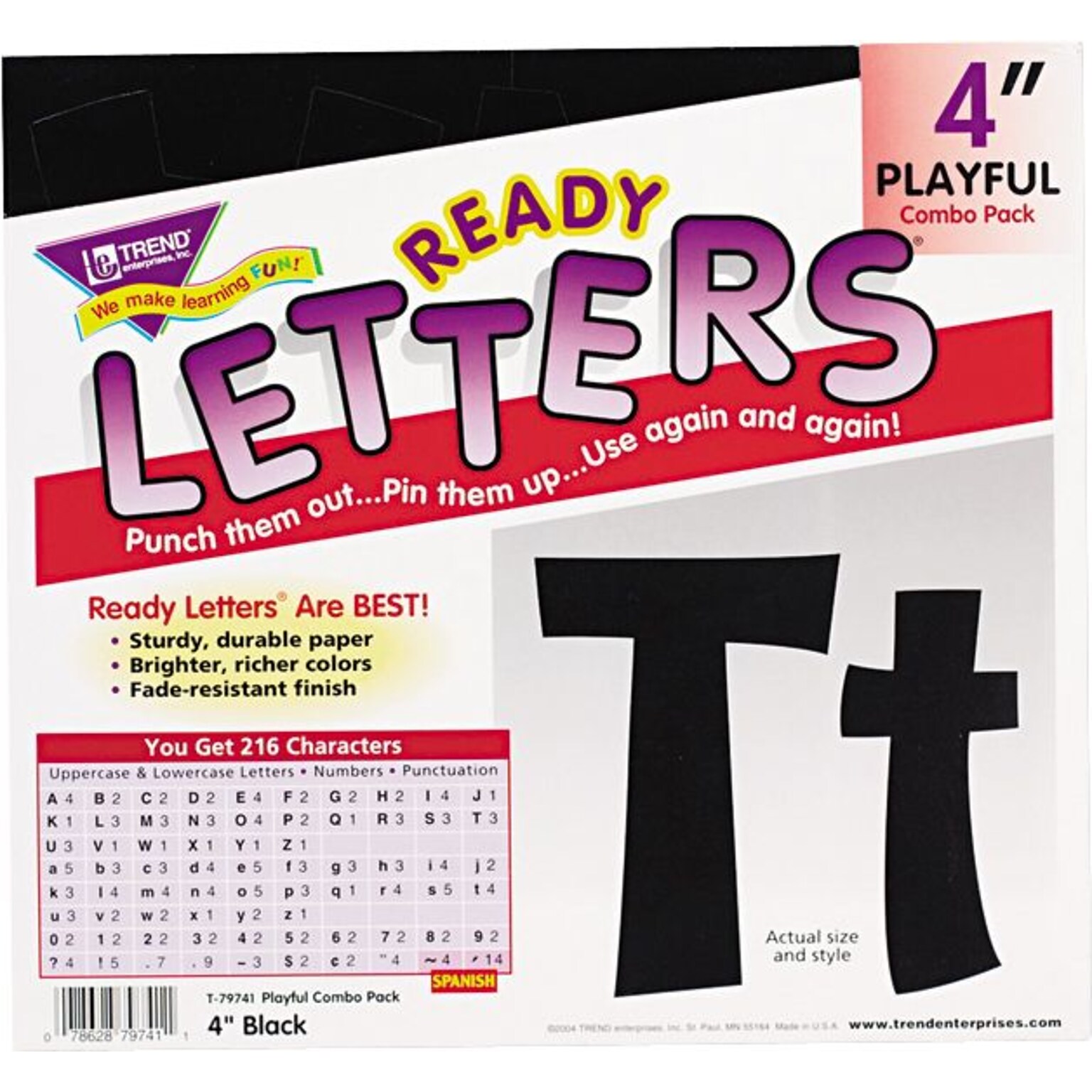 Trend Pin-up Ready Letters, 4, Pre-Punched, Black