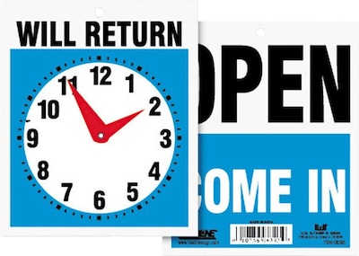 Headline® Reversible OPEN/WILL RETURN Business Sign with Clock, 7 1/2 x 9, 1 each