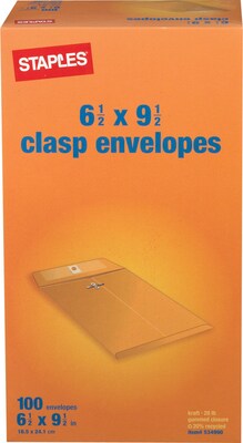 Staples Clasp Kraft Catalog Envelopes, 6-1/2 x 9-1/2, Brown, 100/Box (534990/19815)