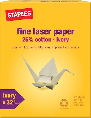 Staples® 30% Recycled Multipurpose Paper, 25% Cotton, 8.5 x 11, 32 lb, Ivory, 300/Pack (358C-STP)