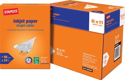 Staples Inkjet Paper, 8 1/2 x 11, Bright White, Half Case