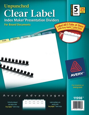 Avery Print & Apply Clear Label Unpunched Dividers, Index Maker Easy Apply Printable Label Strip, 5 Pastel Tabs, 25 Sets (11998)