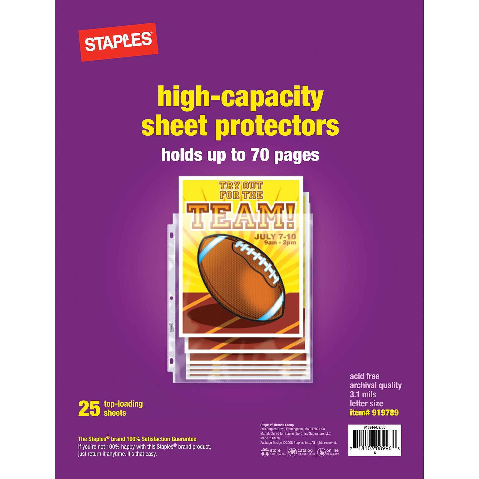 Staples High-Capacity Sheet Protectors, 8-1/2 x 11, Diamond Clear, 25/Pack (15944)