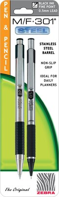 Zebra Pen M/F 301 Stainless Steel Retractable Pen and Mechanical Pencil Gift Set, Black, 2/Pack (570