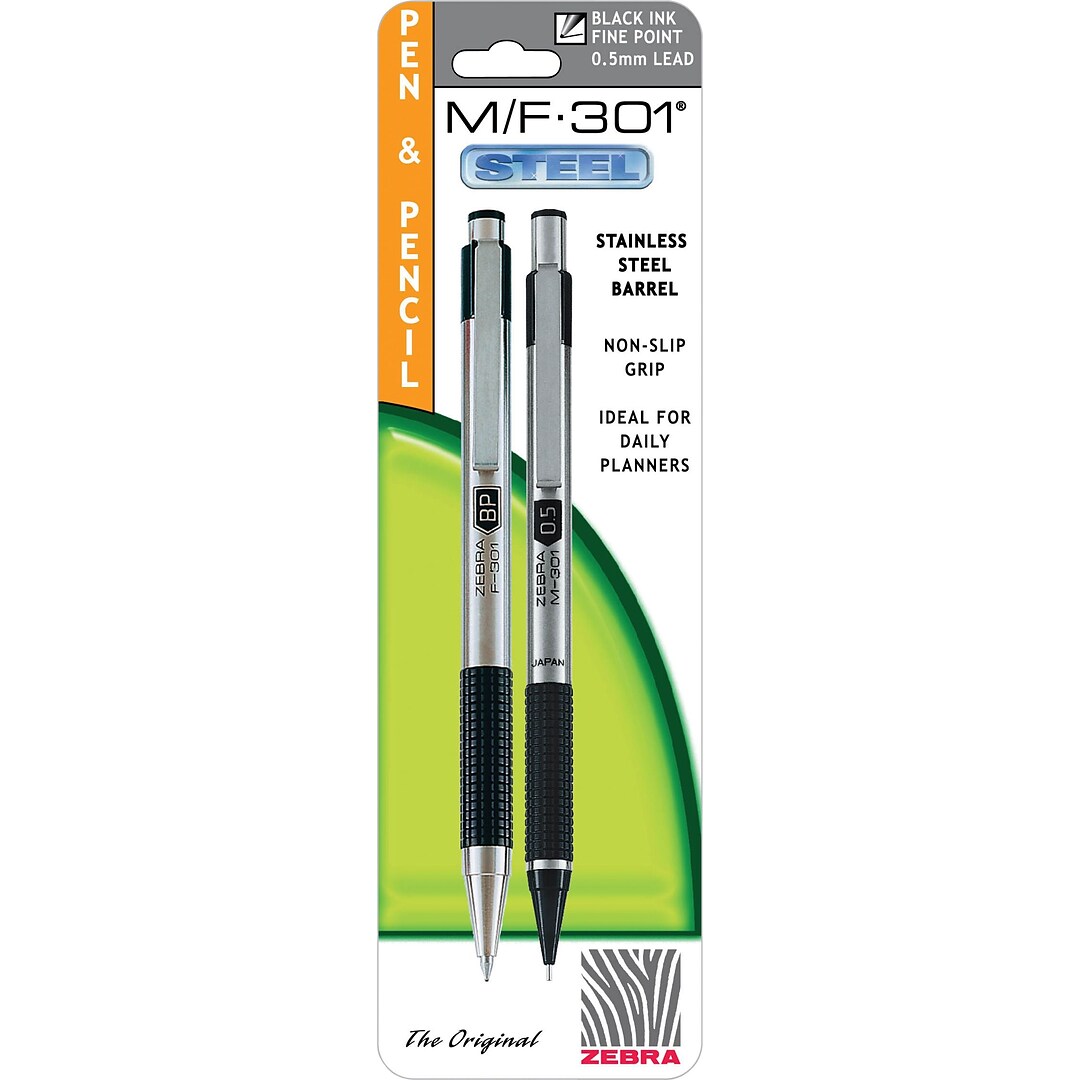 Zebra Pen M F 301 Stainless Steel Retractable Pen And Mechanical Pencil Gift Set Black 2pk Quill Com
