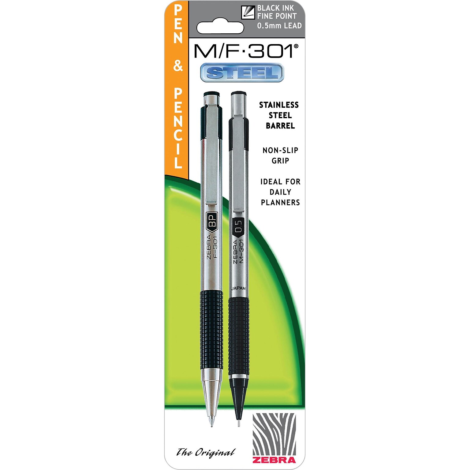Zebra Pen M/F 301 Stainless Steel Retractable Pen and Mechanical Pencil Gift Set, Black, 2/Pack (57011)