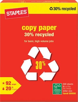 30% Recycled Copy Paper, 8 1/2 x 11, White, 500/Ream (112350/1542)