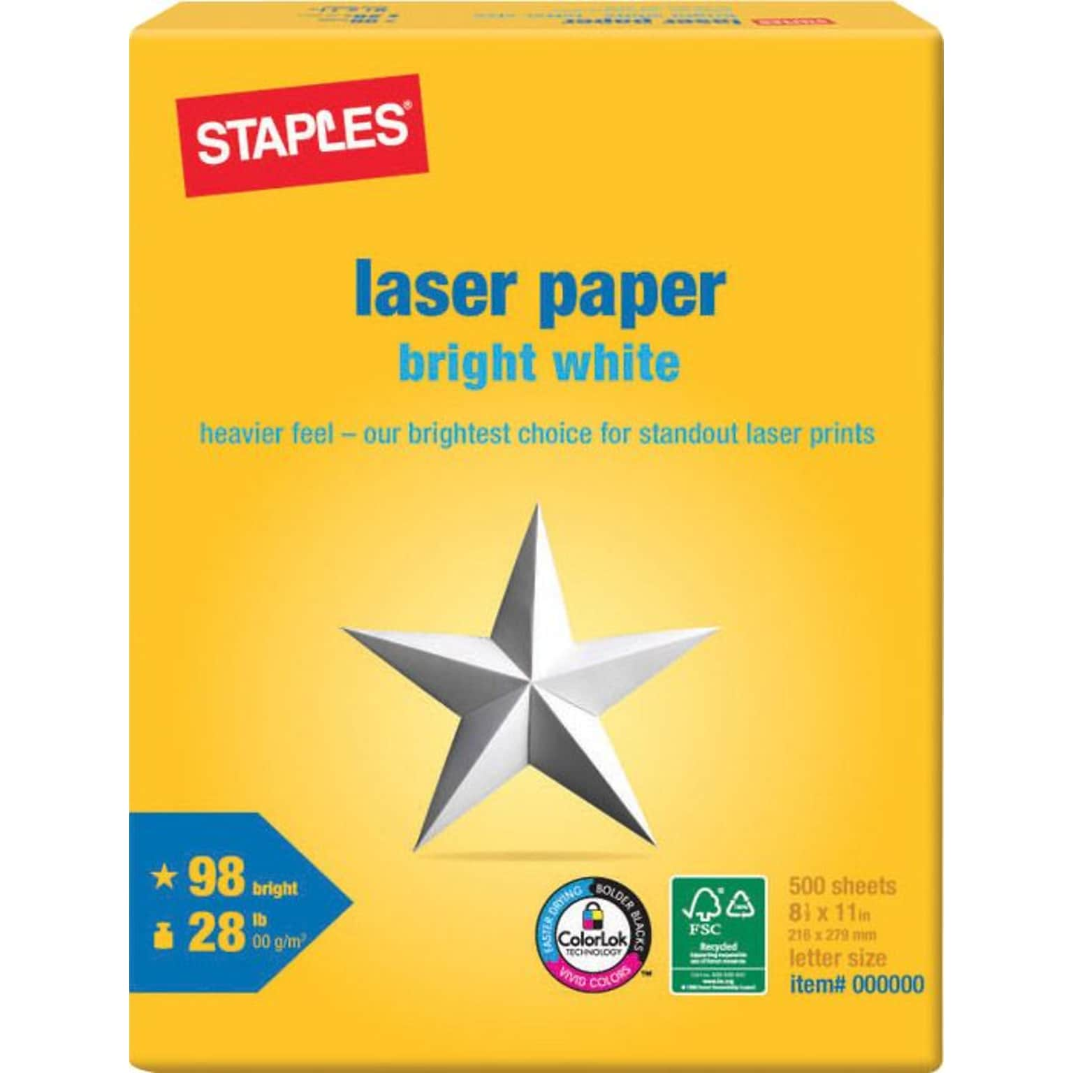 Staples® 8.5 x 11 Laser Paper, 28 lbs., 98 Brightness, 500/Ream (733333)