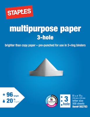 Multipurpose Paper, 8 1/2 x 11, 3-Hole Punched, Ream