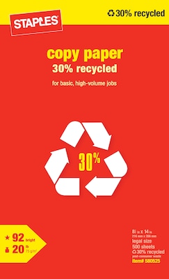 Staples® 30% Recycled 8.5 x 14 Copy Paper, 20 lbs., 92 Brightness, 500/Ream (112380)