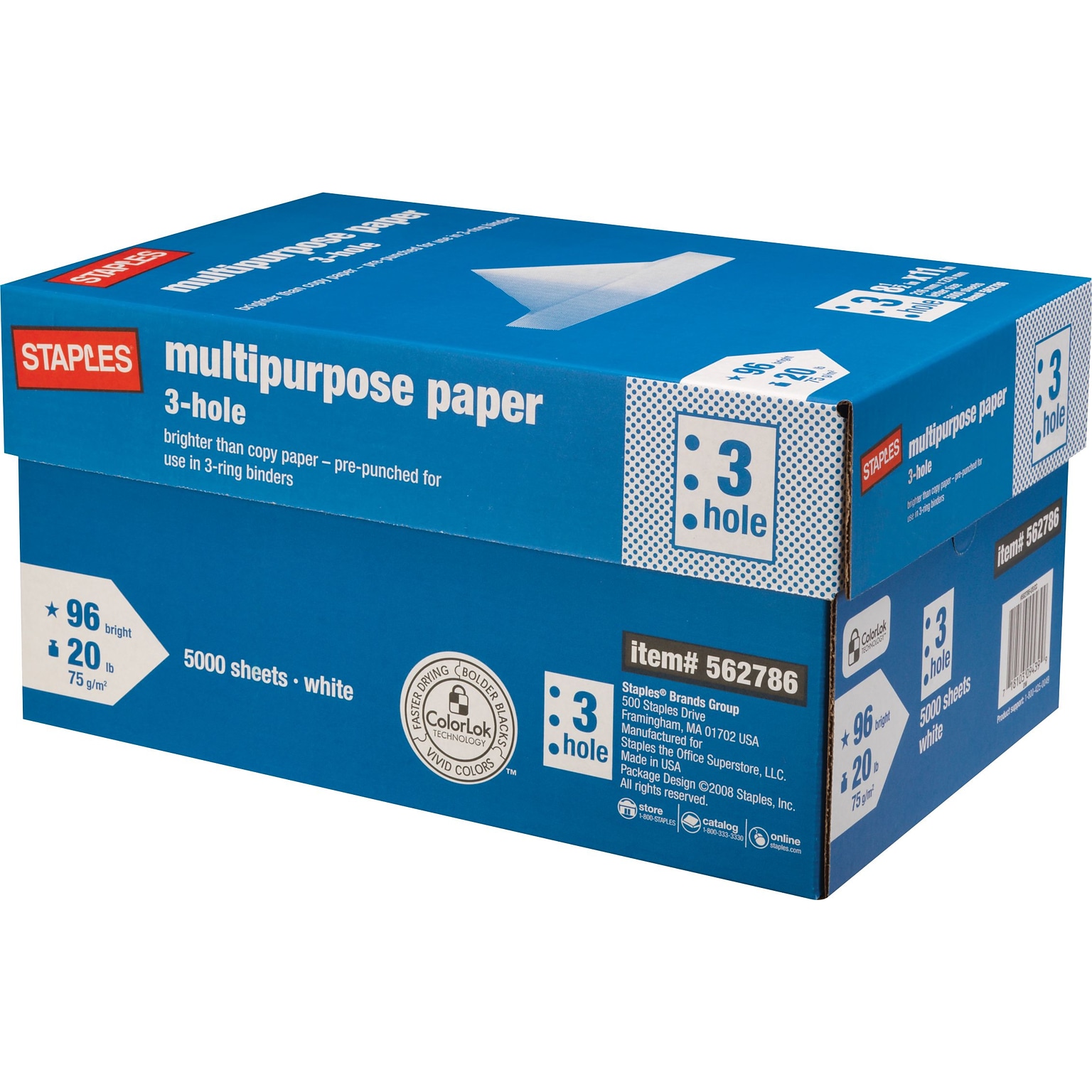Staples® 8.5 x 11 3-Hole Punch Multipurpose Paper, 20 lbs., 96 Brightness, 500/Ream, 10 Reams/Carton (05030)
