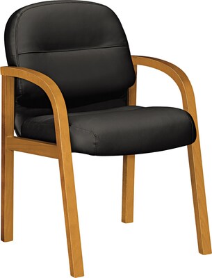 HON® 2190 Series Pillow-Soft™ Leather Guest Chairs, Harvest Oak Finish, Black Leather