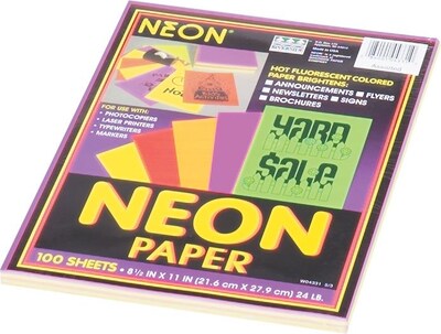 Pacon Array Neon Bond Paper, Assorted Colors, 24 lb, 100/Pk