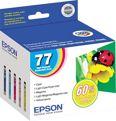 Epson T77 Cyan/Magenta/Yellow/Light Cyan/Light Magenta High Yield Ink Cartridge, 5/Pack