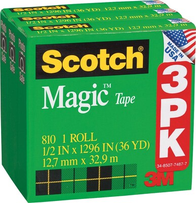 Scotch® Magic Tape, Invisible, Write On, Matte Finish, 1/2 " x 36 yds., 1" Core, 108 Rolls, 36 Rolls/case (810H3-Case)