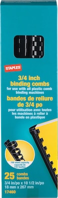 Plastic Comb Binding Spines, 3/4 Diameter, 150 Sheets, 25 Pack, Black