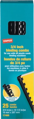 Plastic Comb Binding Spines, 3/4 Diameter, 150 Sheets, 25 Pack, Black