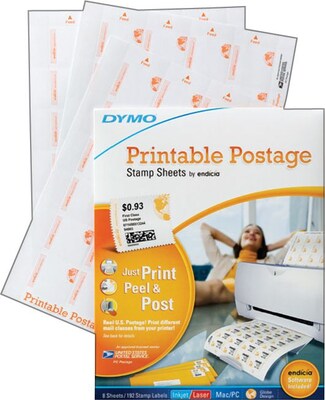 Dymo Postage Stamp Laser/Inkjet Shipping Labels, 8 1/2 x 11, White, 24 Labels/Sheet, 8 Sheets/Box (1750042)