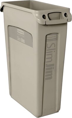 Rubbermaid Slim Jim Rectangular Trash Can Receptacle with Venting Channels, 23 Gallons, Beige (FG354