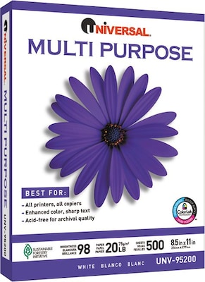 Universal 8.5 x 11 Multipurpose Paper, 98 Brightness, 500 Sheets/Ream 10 Reams/Carton (UNV95200)