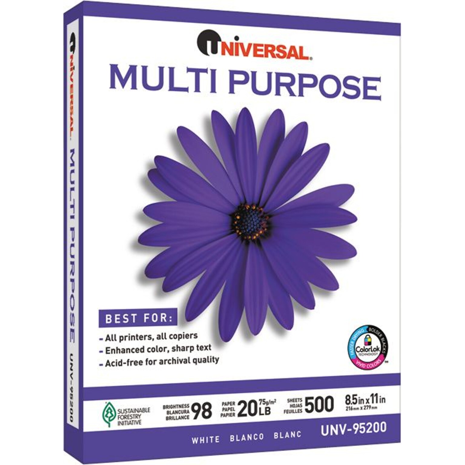 Universal 8.5 x 11 Multipurpose Paper, 98 Brightness, 500 Sheets/Ream 10 Reams/Carton (UNV95200)