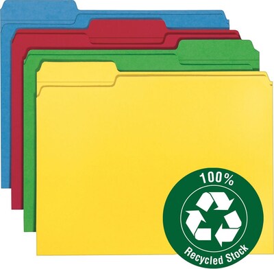 Smead 100% Recycled File Folder, Reinforced 1/3-Cut Tab, Letter Size, Assorted Colors, 100 per Box (12008)
