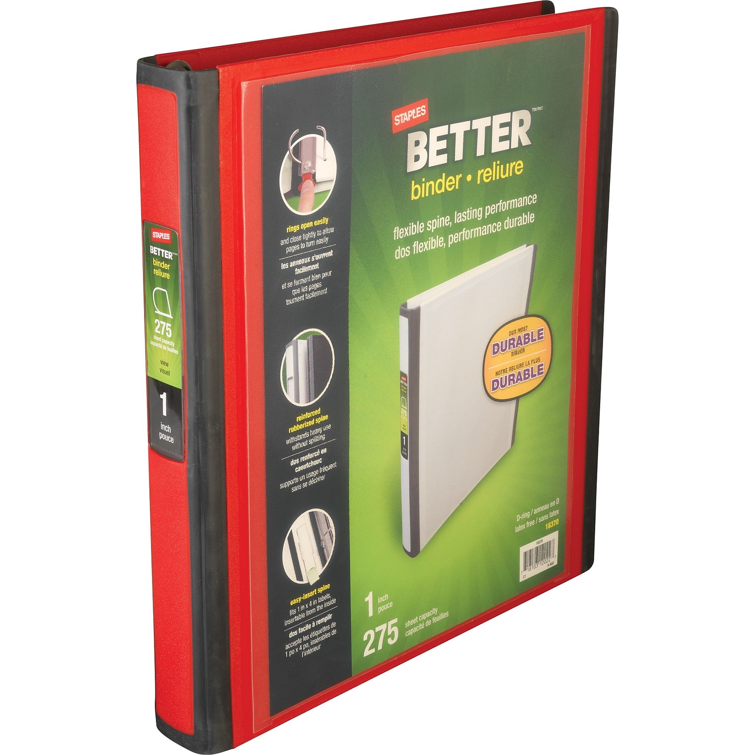 Staples® Better 1 3 Ring View Binder with D-Rings, Red (18370)