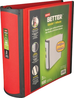 Staples® Better 3 3 Ring View Binder with D-Rings, Red (18367)