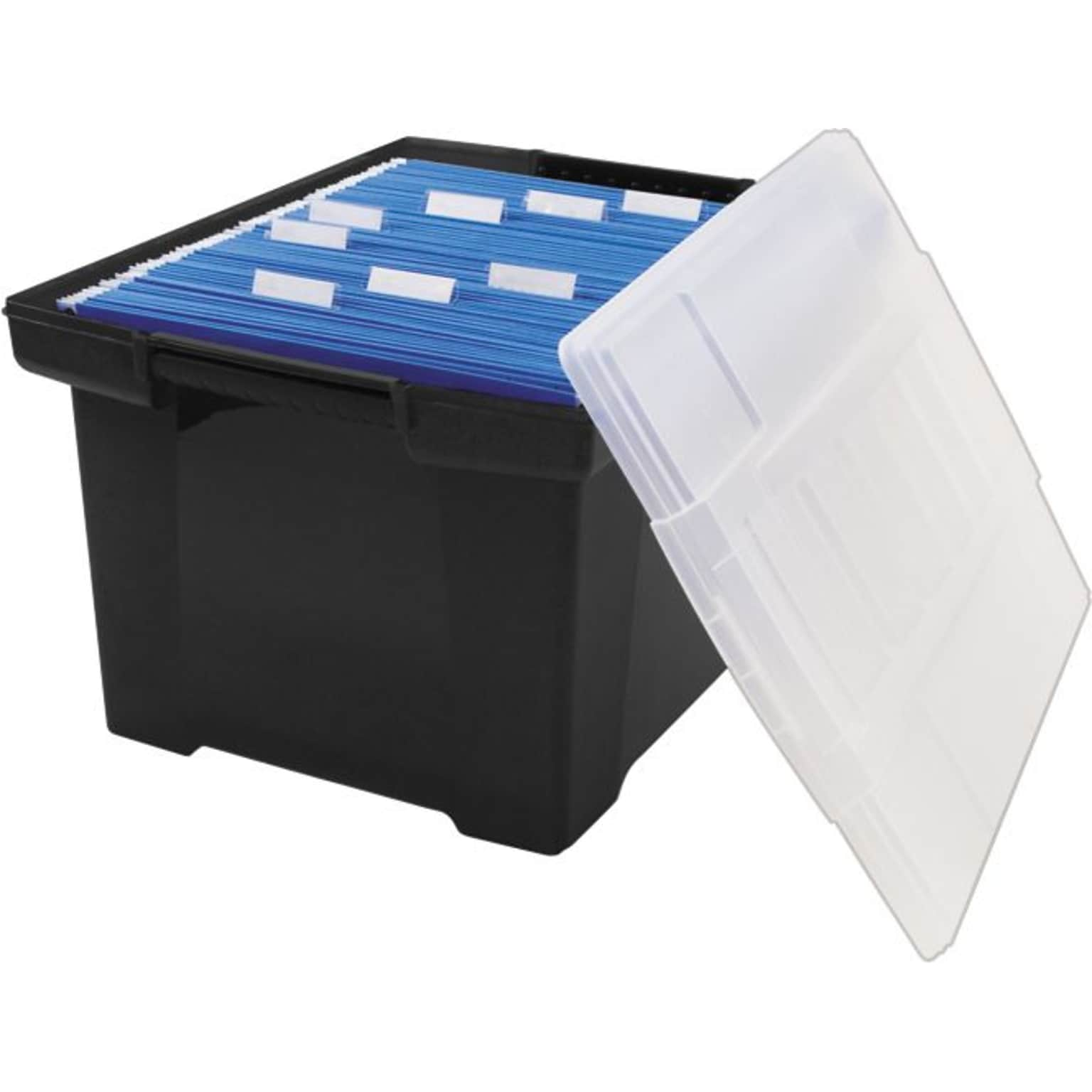 Storex Storage Plastic File Tote with Comfort Grips, Letter/Legal Size, Black/Clear (61528U01C)