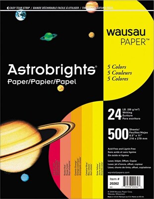 Astrobrights Wausau Colored Paper, 24 lbs., 8.5 x 11, Assorted Warm Colors, 500 Sheets/Ream (WAU20