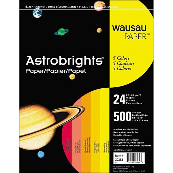 Astrobrights Wausau Colored Paper, 24 lbs., 8.5 x 11, Assorted Warm Colors, 500 Sheets/Ream (WAU20272)