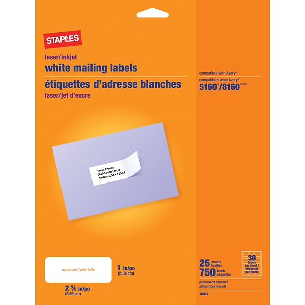 White Inkjet/Laser Return Address Labels, 1 X 2-5/8, 750/Box