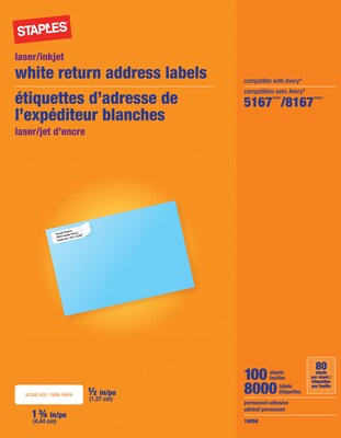 White Inkjet/Laser Return Address Labels, 1/2 X 1-3/4, 8,000/Box