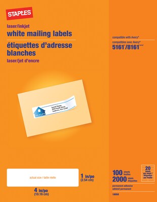 White Inkjet/Laser Address Labels, 1 X 4, 2,000/Box