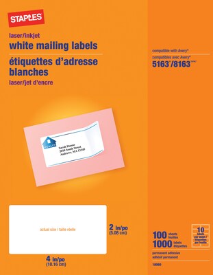Staples® Inkjet/Laser Shipping Labels, 2 x 4, White, 10 Labels/Sheet, 100/Sheets/Pack (18060CT)