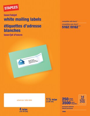 White Inkjet/Laser Address Labels, 1-1/3 X 4, 3,500/Box