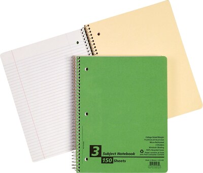 Oxford Earthwise Recycled 3-Subject Notebook, 8 1/2" x 11", College Ruled, 150 Sheets, Assorted Colors (25-435)