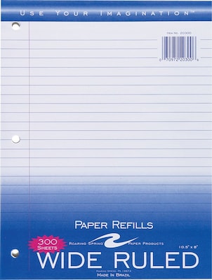 Roaring Spring Paper Products Wide Ruled Filler Paper, 8 x 10.5, 3-Hole Punched, 300 Sheets/Pack (