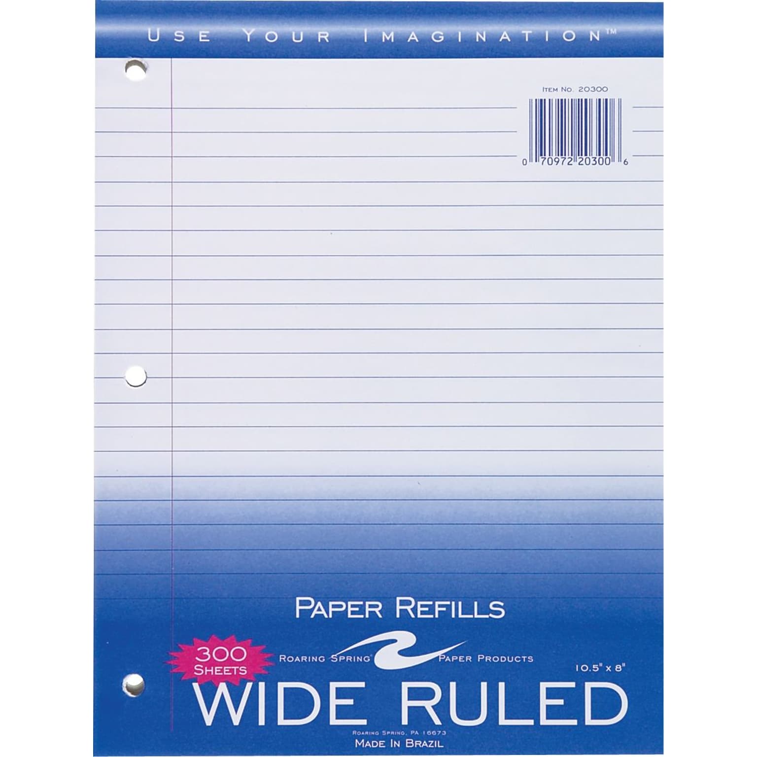 Roaring Spring Paper Products Wide Ruled Filler Paper, 8 x 10.5, 3-Hole Punched, 300 Sheets/Pack (20300)