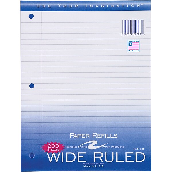 Roaring Spring® Wide Ruled, Loose Notebook Filler Paper, 8 x 10.5, White, 200/Pack (20020)