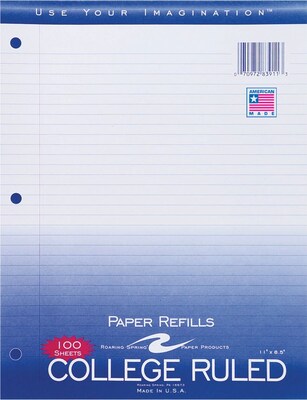Roaring Spring® College Ruled, Loose Notebook Filler Paper, 8.5 x 11, White, 100/Pack (83911)