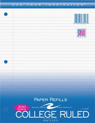 Roaring Spring® College Ruled, Loose Notebook Filler Paper, 8.5 x 11, White, 300/Pack (83927)